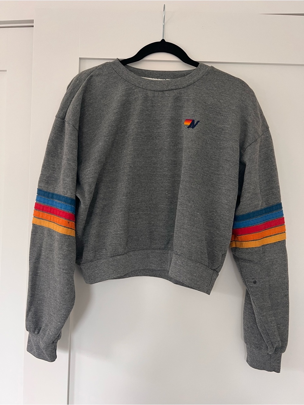 Aviator Nation Grey Cropped Sweatshirt with Rainbow Sleeve Stripes